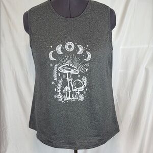 Women's Gray Sleeveless Tee with Rounded Neckline Mushroom & Moon Design